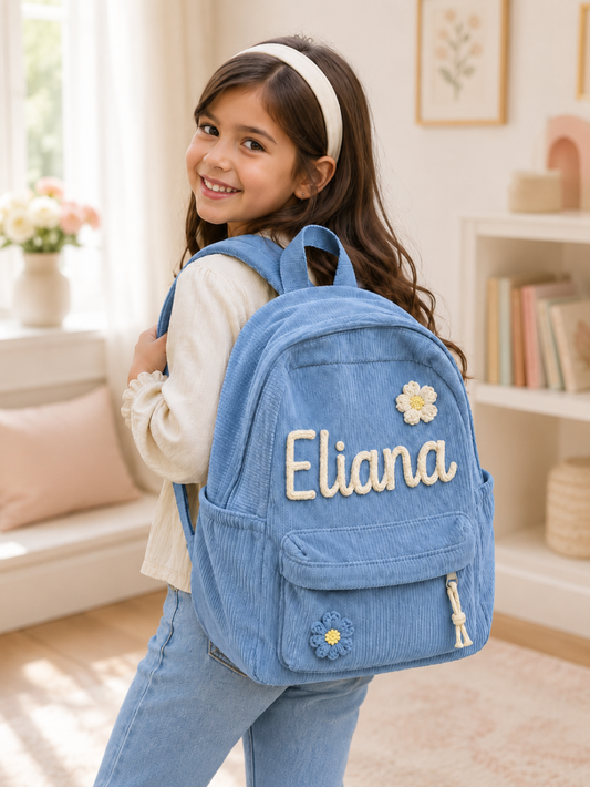 Girl wearing a blue backpack with 'Eliana' embroidered on it in a cozy room.
