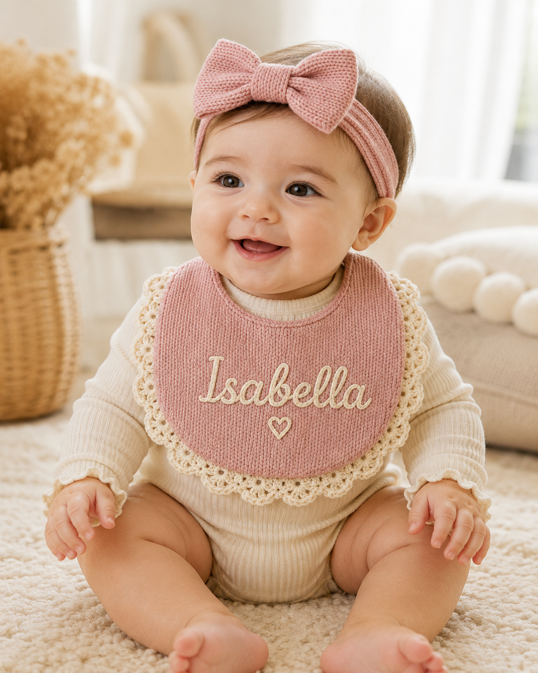 Handmade Floral Baby Bib & Bow Set