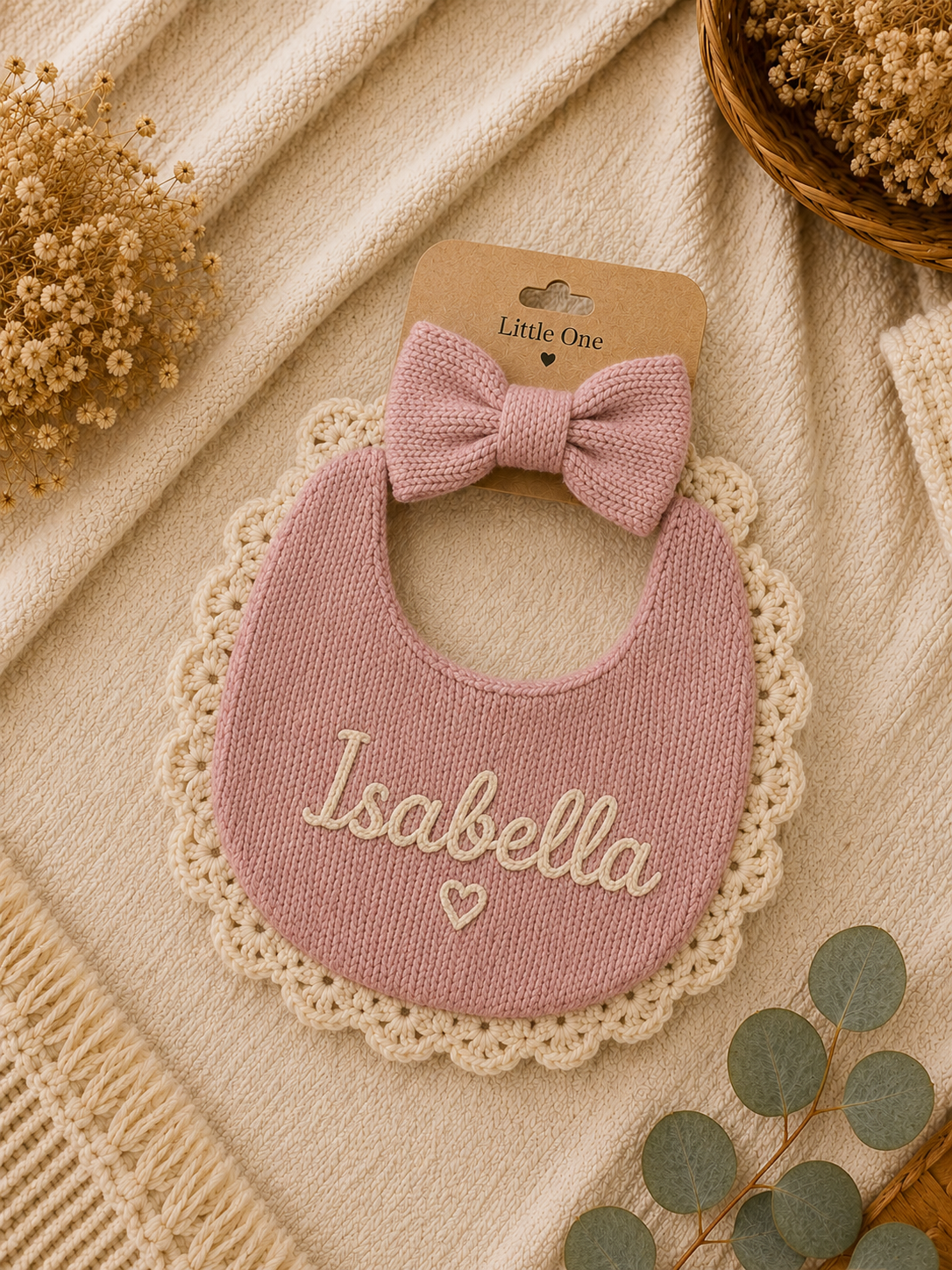 Handmade Floral Baby Bib & Bow Set