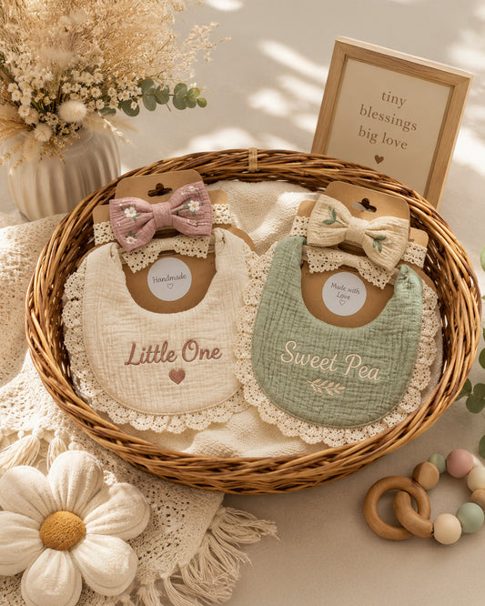 Handmade Floral Baby Bib & Bow Set